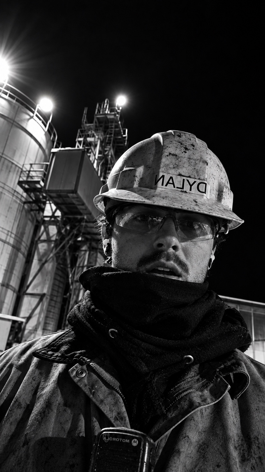 Dylan Miller working an industrial night shift